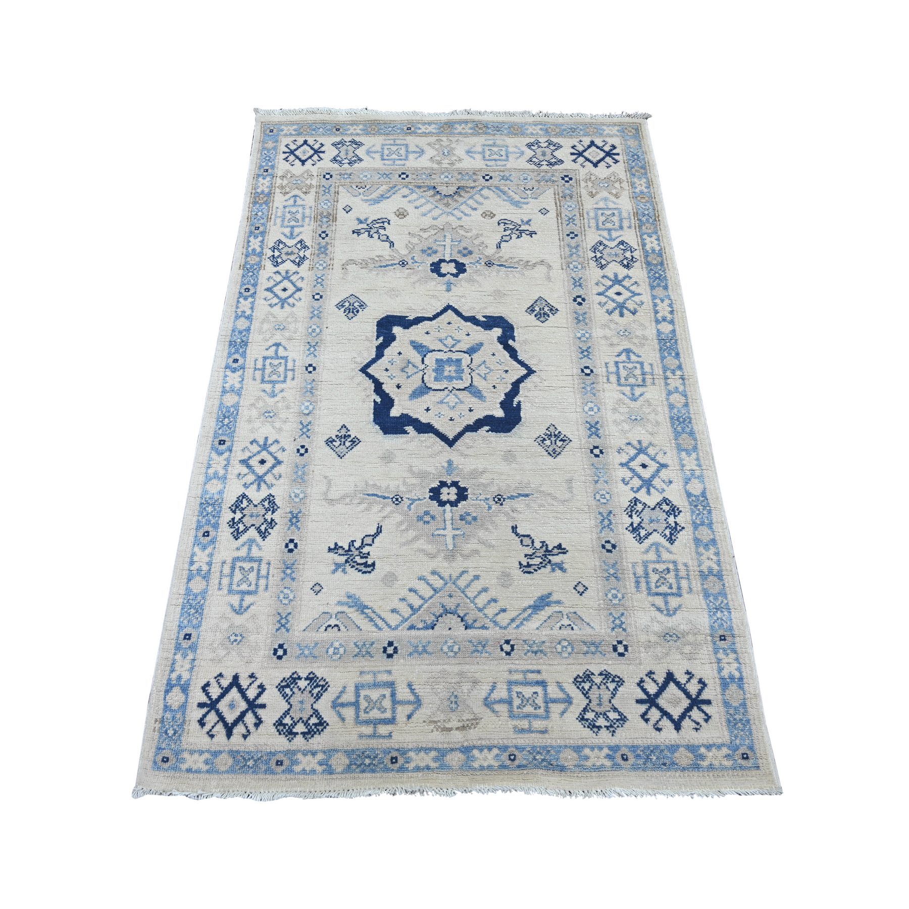 3'2"x5' Daisy White, Vintage Look Kazak with Geometric Medallion, 100% Wool, Hand Knotted, Natural Dyes, Oriental Rug 